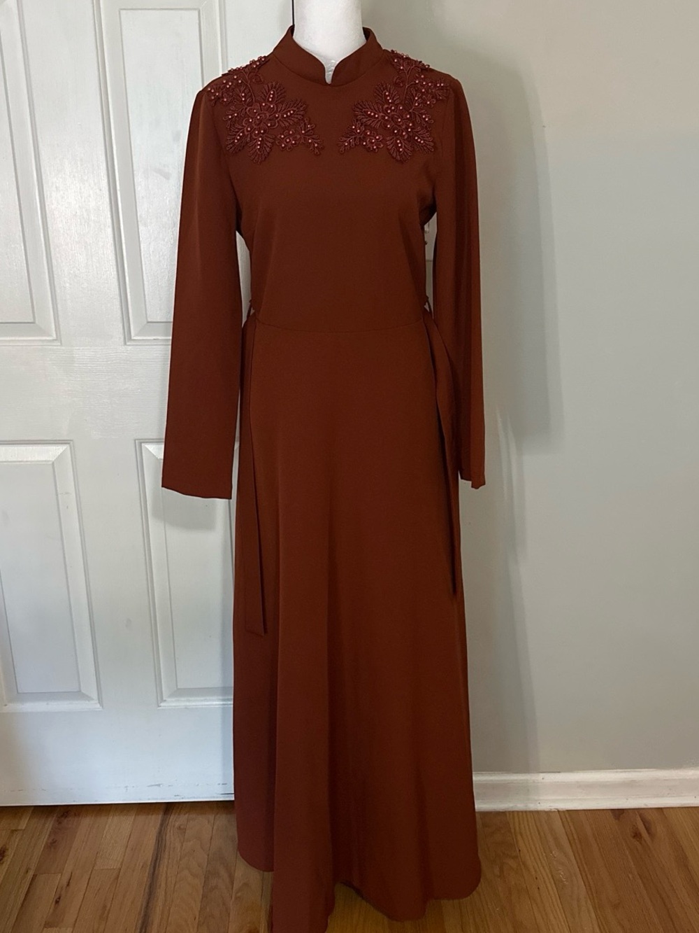 Elegant Burnt Orange Long Sleeve Maxi Dress with Embellished Flowers
